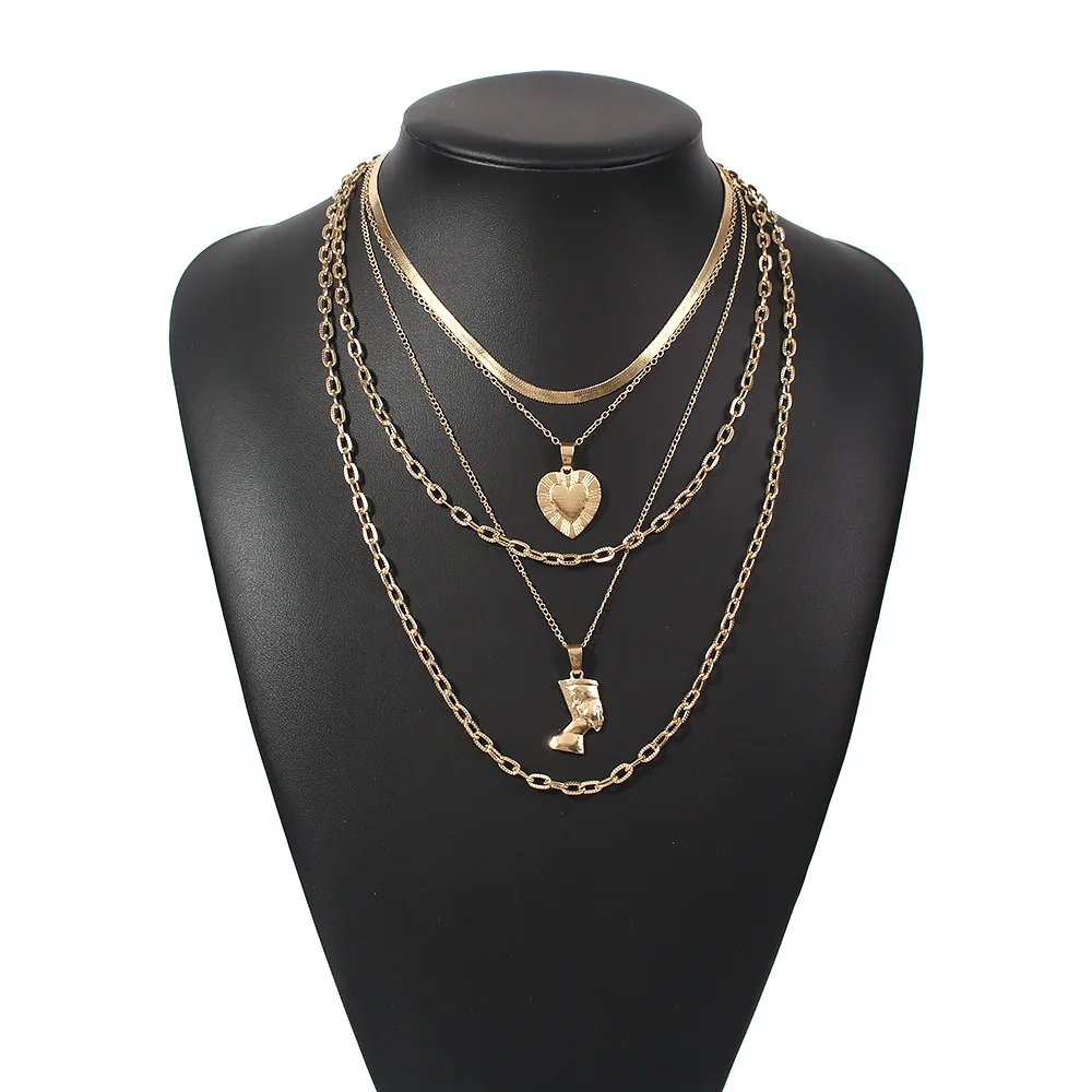 

Amazon Hot Sale Multilayer Snake Chain Hearts Pendants Necklace Link Chain Human Heads Love Heart Charm Necklace, Picture shows