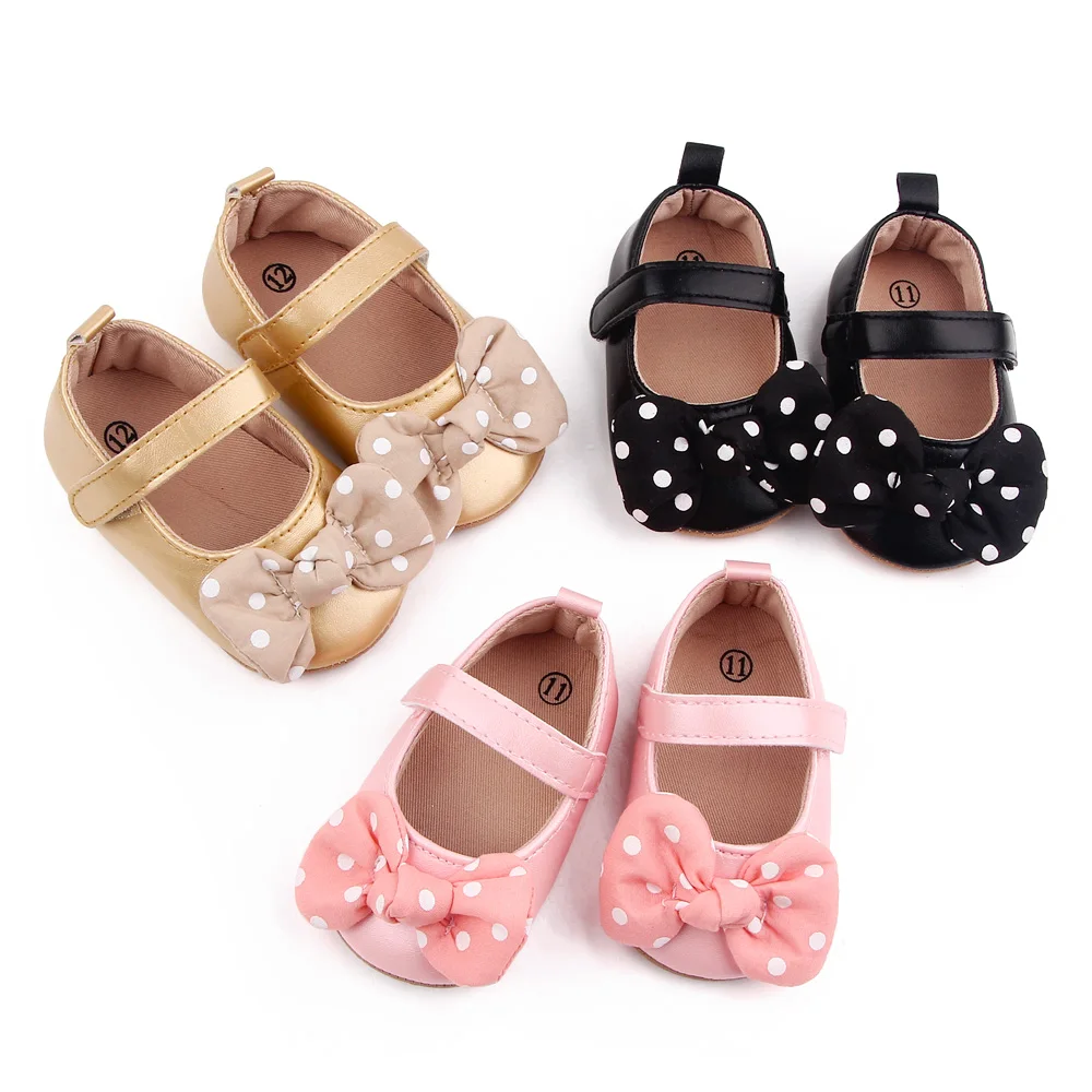

New Arrival Polka Dot Bow PU Infant Shoes for Girls, Black/pink/gold
