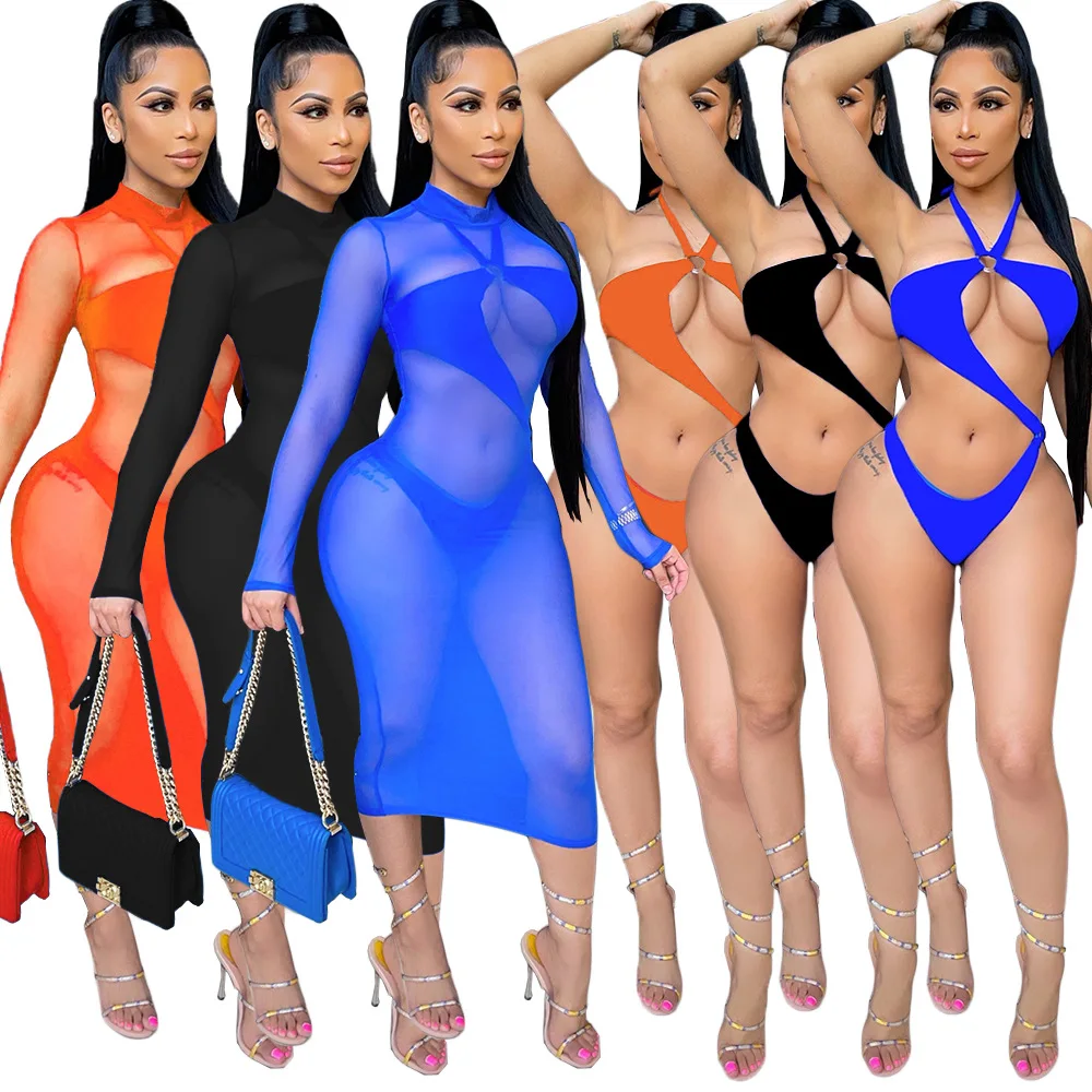 

swimming suits women sexy solid color mesh night club wear bikini swimsuit bathing suits swimwear for women, Blue/black/orange