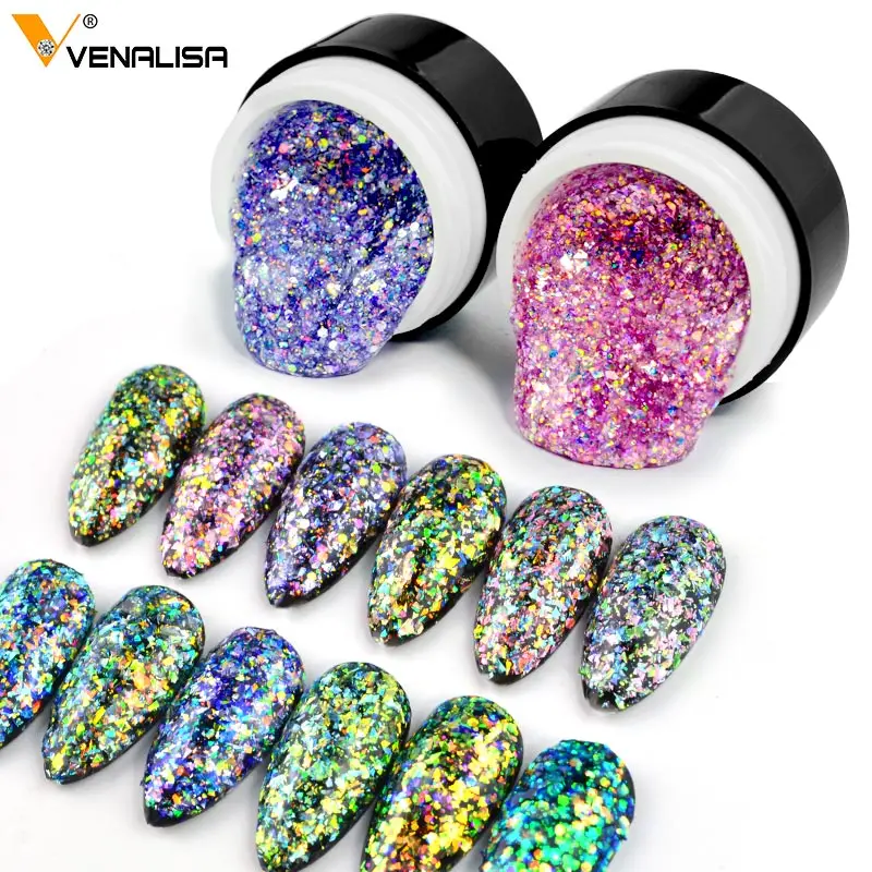 

VENALISA Nail Art Soak Off Semi Permanent UV Lacquer Varnish Gel Glitter Peacock Platinum Sequins Nail Paint Enamel Gel Polish