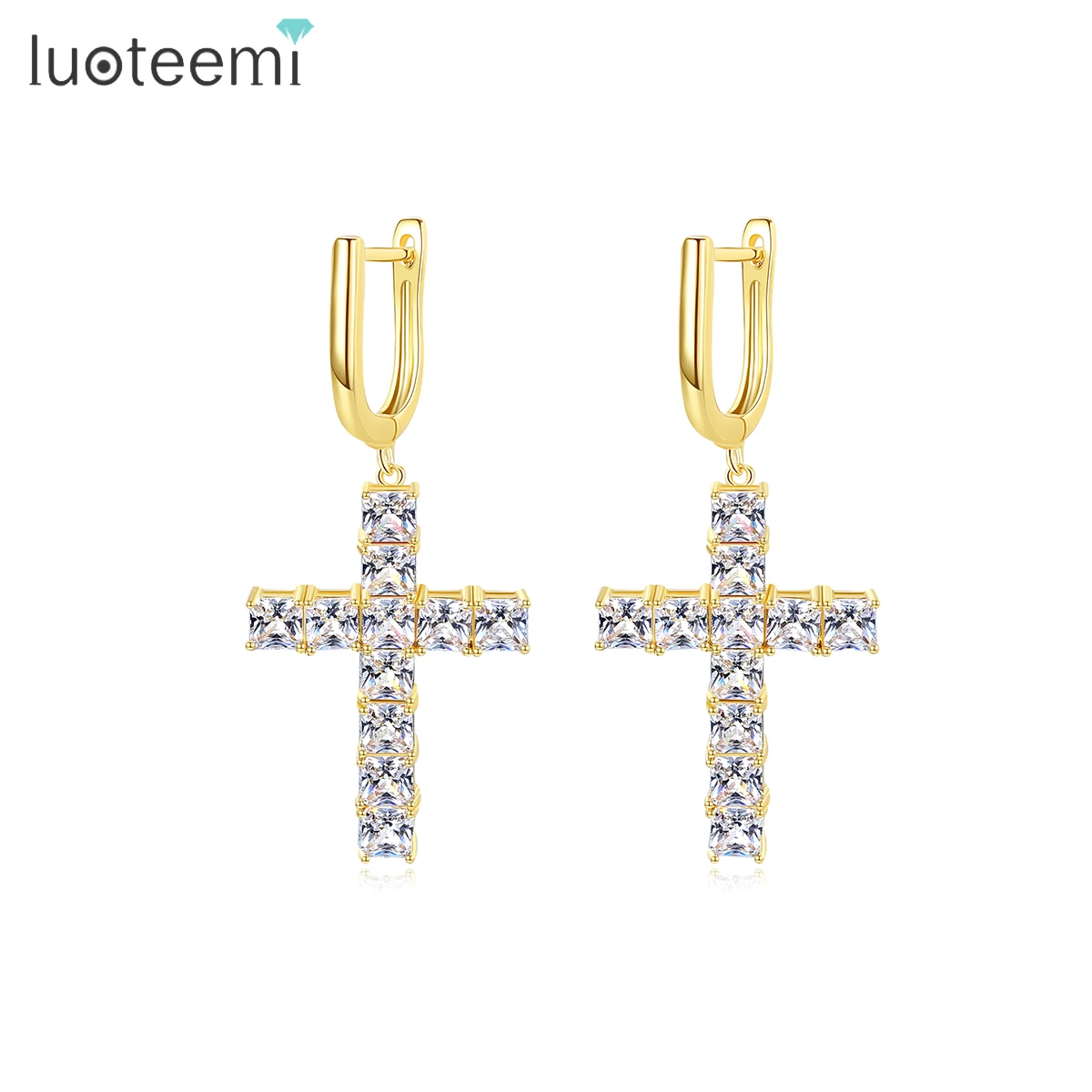 

LUOTEEMI Square Shape Zircon Hip Hop Clip Fashion Jewelry Stone Earring for Women Gold Plated Cross Earrings