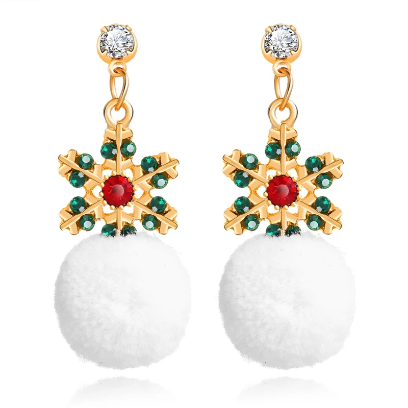 

Festival Christmas Crystal Snowflake White Plush Ball Earrings Wholesale, Gold plated