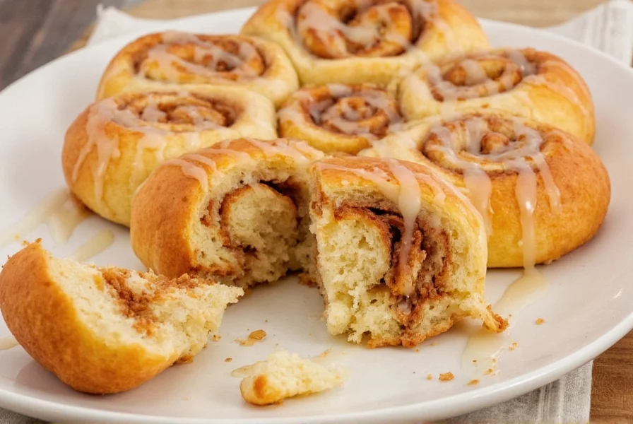 Finished cinnamon toast crunch rolls with glaze drizzle, showing cross-section with swirl pattern
