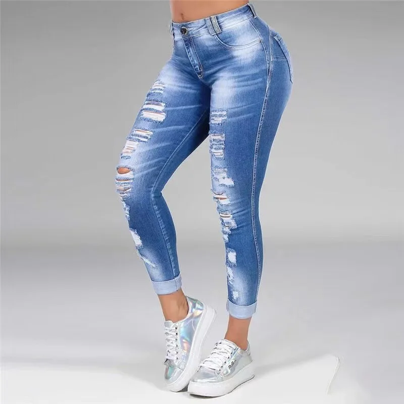 

New European and American cross-border trade trousers for women hole High-waisted jeans lady's Jeans tight pants, 2 colors