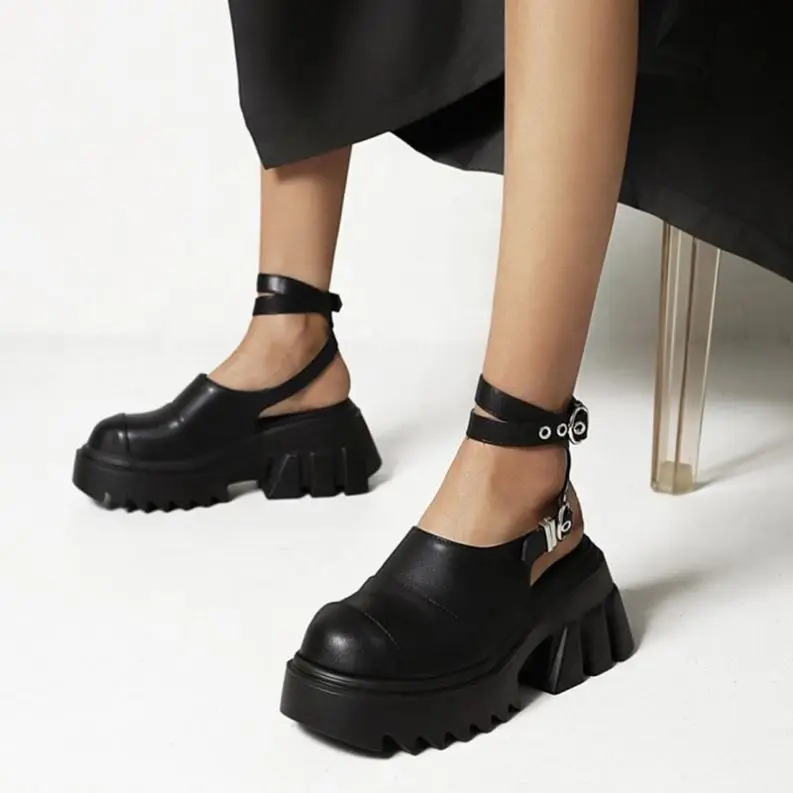 

Soft Comfortable Fashion Women Pumps Shoes Thick Sole Ankle Buckle Strap Open Heel Breathable Shoes Dress Sandal Big Size 43, Black,white