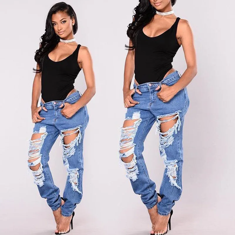 

2020 New Arrival summer fashion High waist Elastic force Broken-hole Pencil Pants long Jeans women ladies jeans