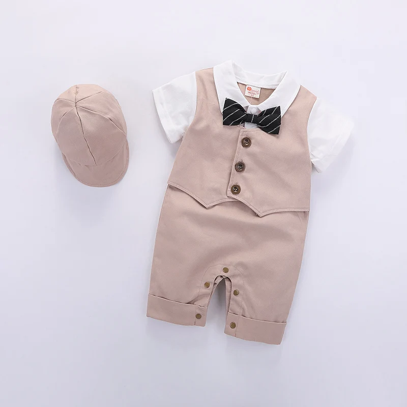 

Summer New Baby Children'S Clothing Gentleman Dress Boys Short-Sleeved Baby Romper Fake Kids Clothes + Hat, 2 colors, black and beige