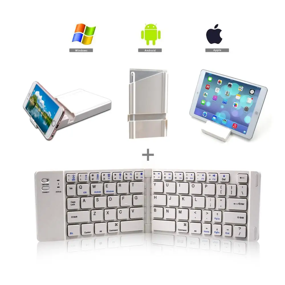 

Stock portable slim aluminium foldable bluetooth keyboard with muti-function stand holder