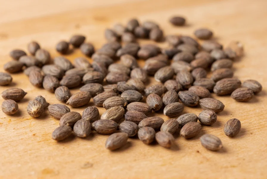 Close-up photograph of aniseed seeds showing their distinctive oval shape and grayish-brown color on a wooden cutting board