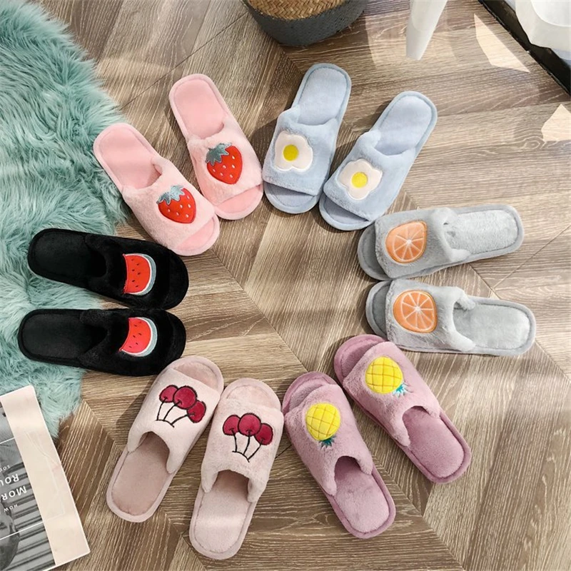 

Winter Women Cotton Slippers Cute Fruit Plush Warm Slippers Woman Indoor Home Flat Slides Watermelon Pineapple Strawberry, As the pic