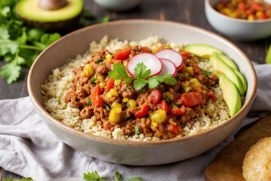 Colorful bowl of vegan chili con quinoa served over cilantro lime rice with avocado and radish slices