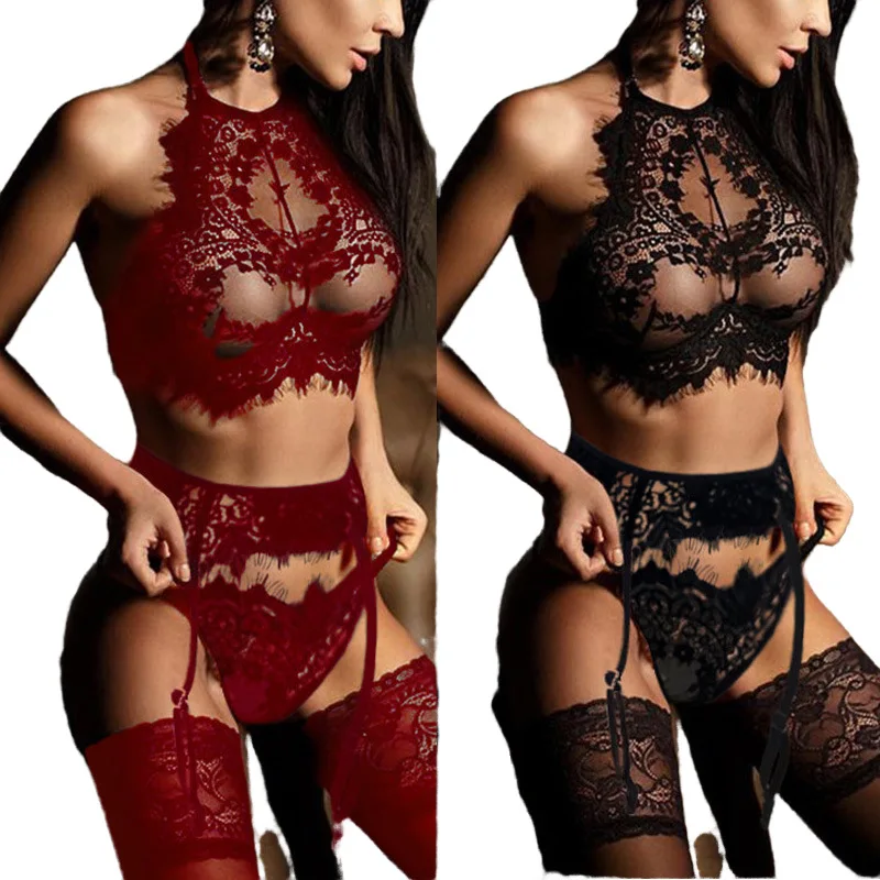

Popular three-point sling three piece set of sexy erotic lingerie lace set perspective sexy lingerie sets, Black,red,white