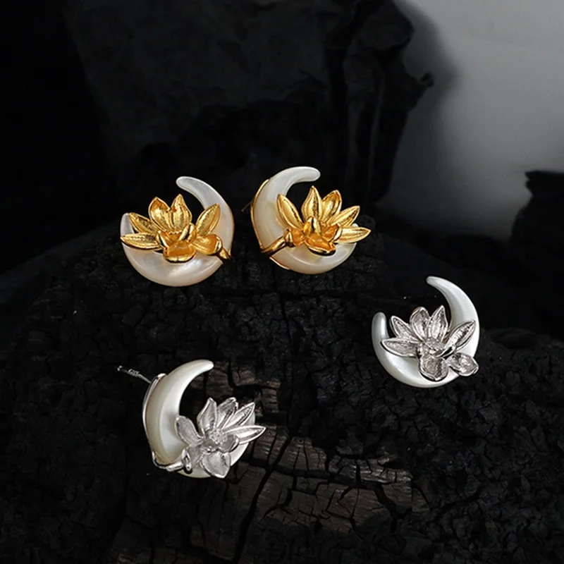 

Icebela S925 Sterling Silver New Arrival Exquisite Inlaid Natural Shell Moon Lotus Dainty Stud Earrings Girly