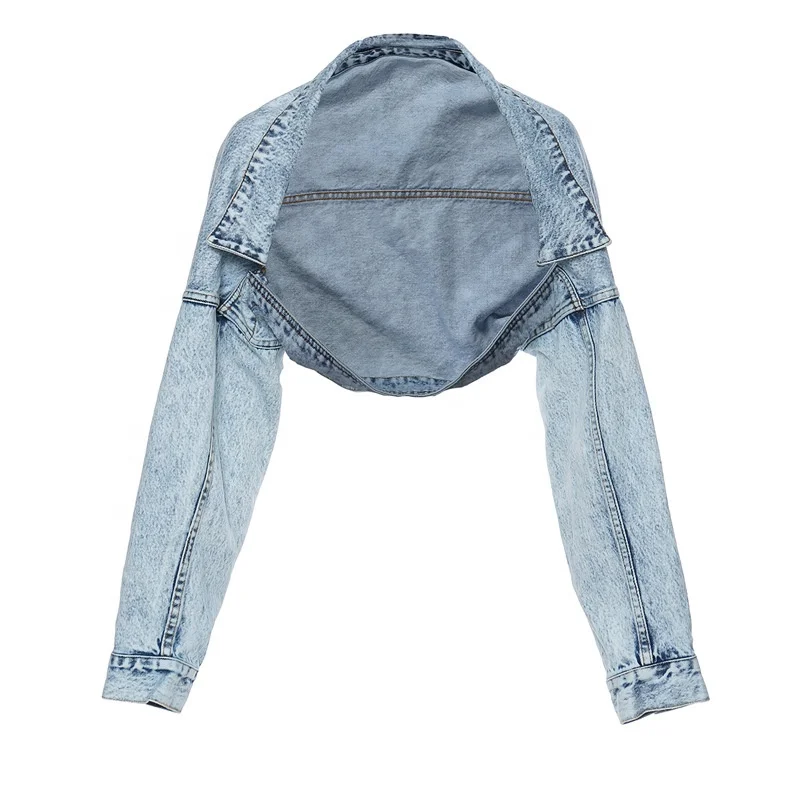 

OUDINA High Fashion Open Women Crop Motorcycle Jacket Short Blue Jean Cropped Denim Jackets