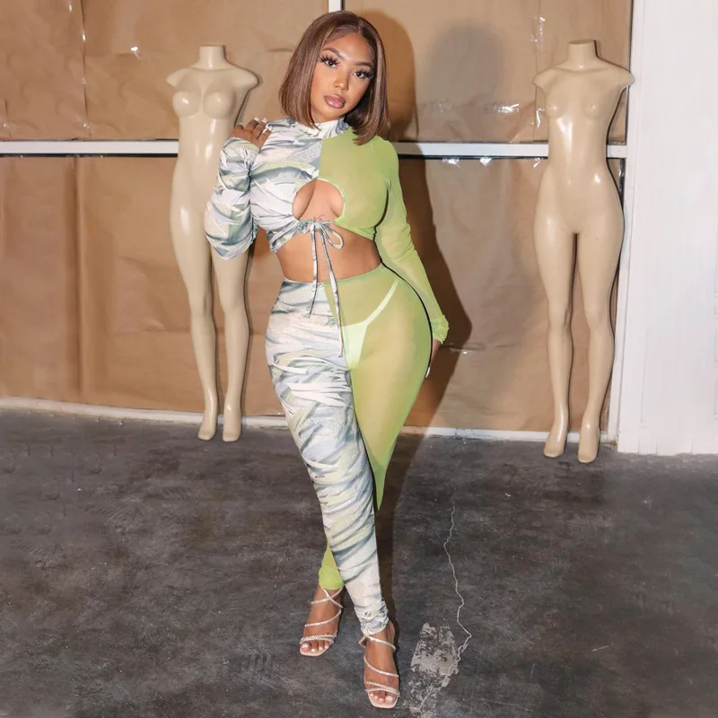 

New arrival spring women's new mesh contrast color stitching lace-up 2 piece sets outfits