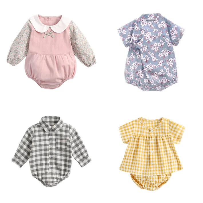 

2020 plaid jumpsuit crawl suspender solid color flower pocket cotton short sleeved shirt summer baby romper for hot style, As pic shows, we can according to your request also