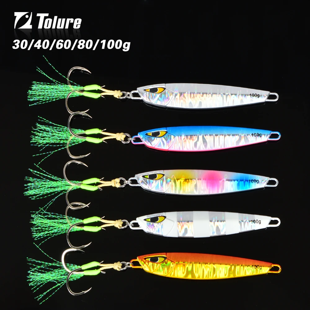 

Toplure new arrived 30g 40g 60g 80g 100g luminous fast skinning metal jigging lure with UV assist hook fishing lure