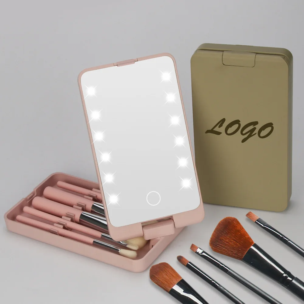 

Custom Logo LED Makeup Mirror with Makup Brushes Black Pink Nude de brochas para maquillaje with case, Black/white/pink/customized