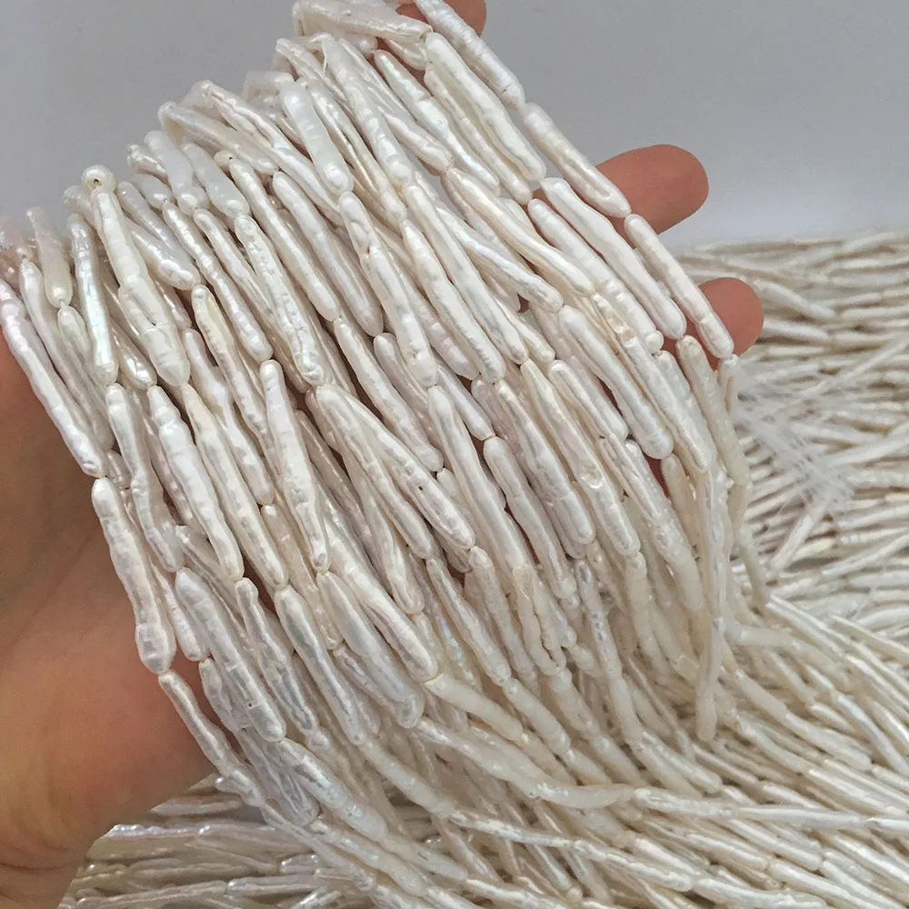 

38 cm AA BIWA freshwater pearl in strand, width 3-4 mm length 16-35 mm wholesale DIY BEADS, noodle shape, Nature white