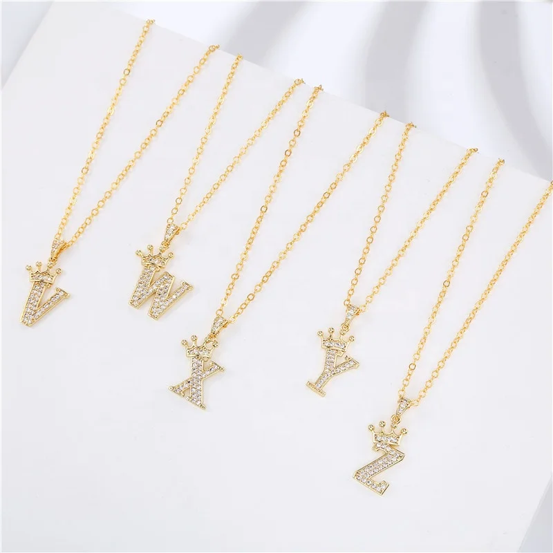 

Ziming Initial Pendant Necklace Crown Shape Zircon Diamond Alphabet Pendant Necklace Elegant Fashion Women Necklace, Gold