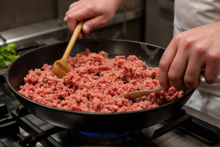 Professional chef browning ground beef in cast iron skillet for chili preparation