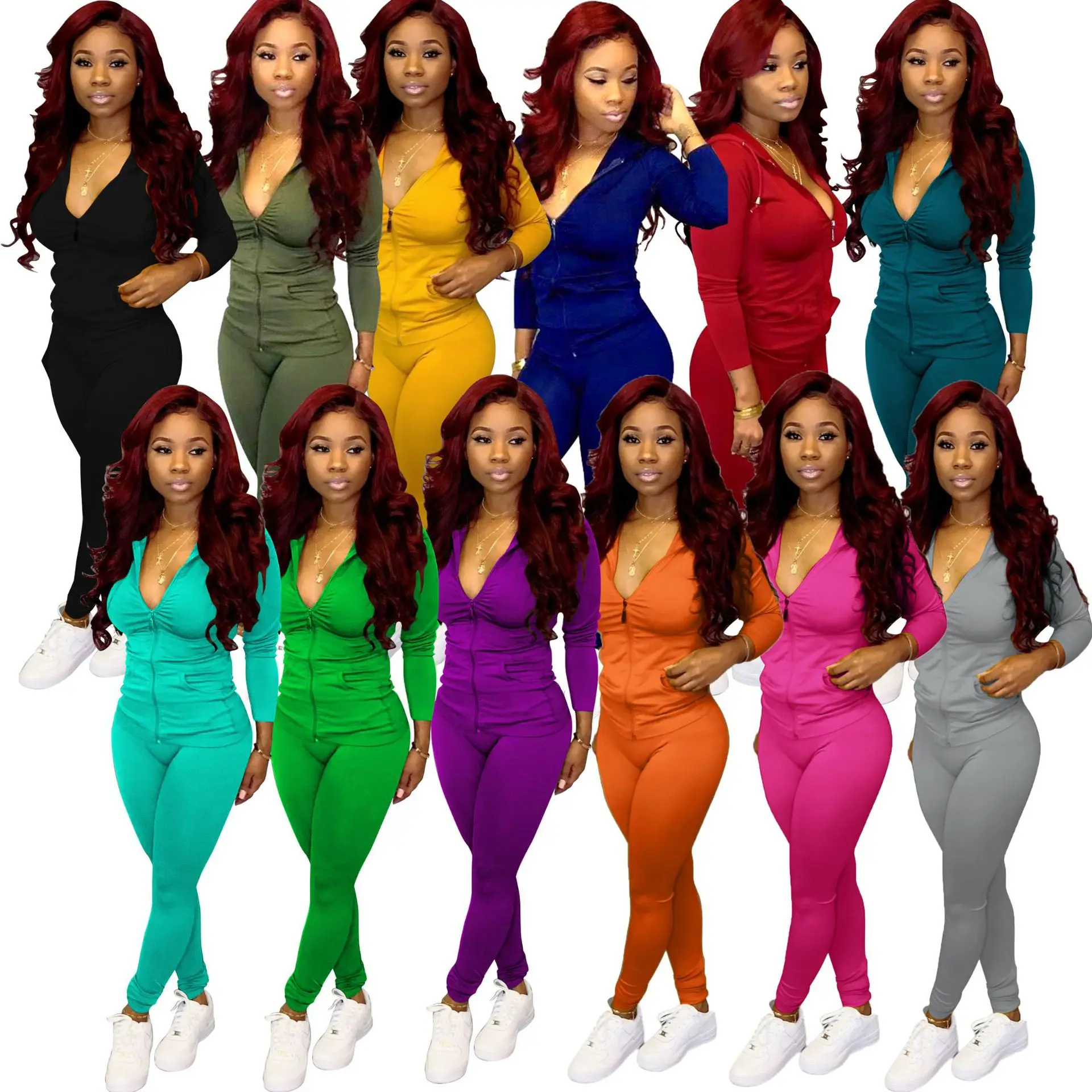 

Two Piece Set Women Clothing 2021 V Neck Crop Top Long Sleeve Pants Set tracksuit joggers jumpsuit set