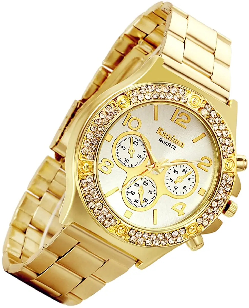 

6028 Dropshipping Amazon Hot Selling Men's Gold Watch Bling Rhinestone Quartz Movement, As photo