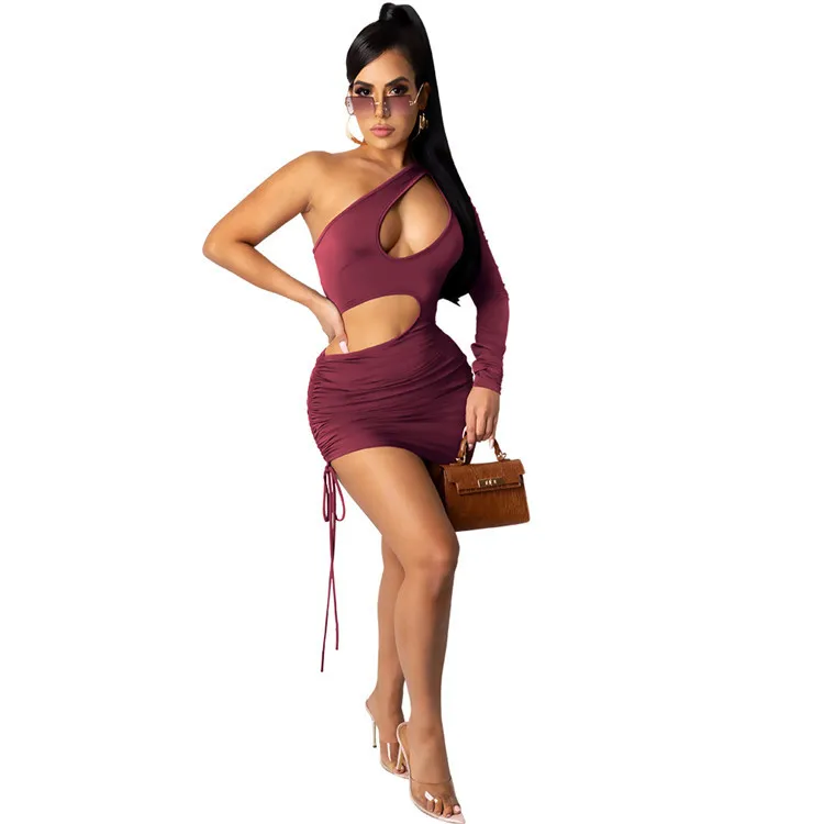

2021 Womens Clothing Trendy Inclined Shoulder Ruched Fitted Stylish Mini Dresses For Ladies Wear Sexy Club Bodycon Dress