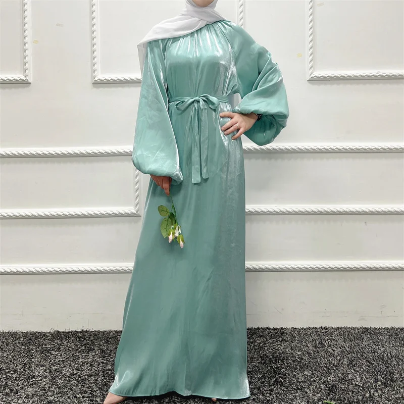 Abaya Luxury Muslim Ramadan Lantern Sleeve Glitter Maxi Dress Islamic Clothing Shiny Satin Abaya With Belt