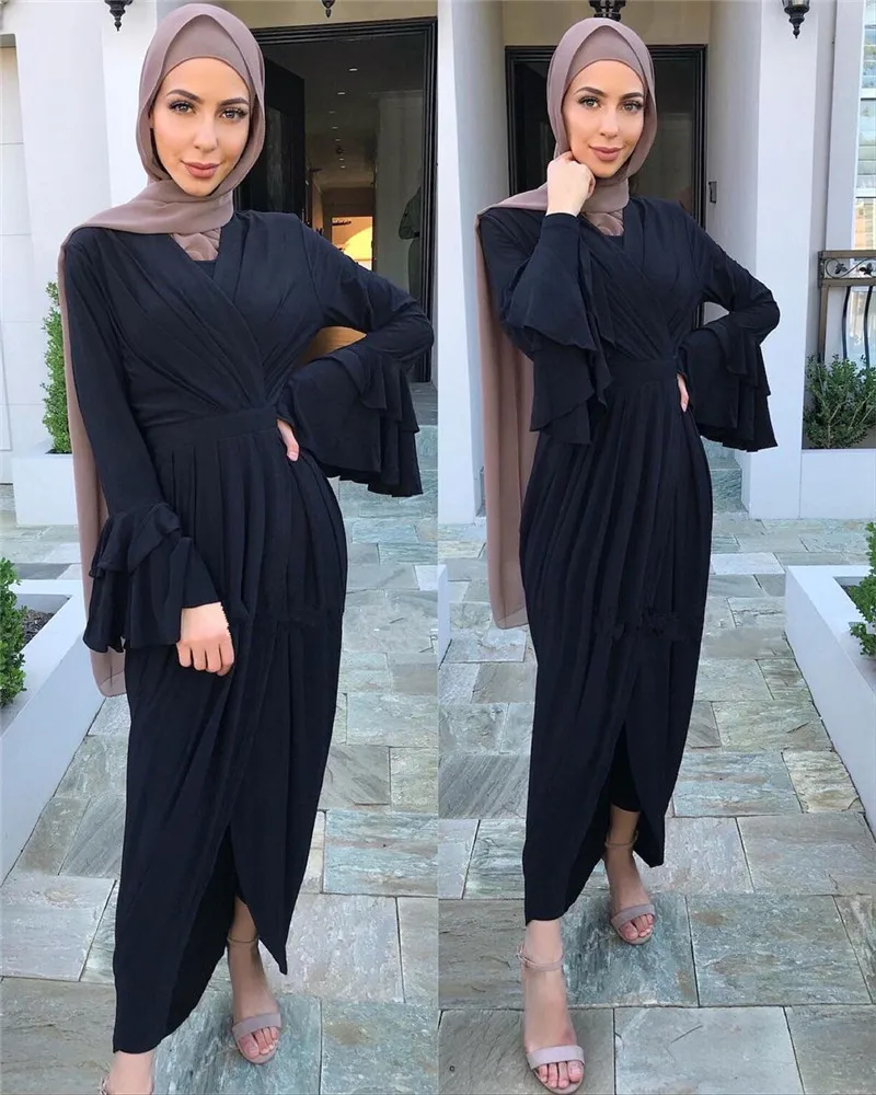 

Newest Fashion Islamic Lady Cross Neck Maxi Dress Layered Horn Sleeves Knitted Spring Abaya Dress, Black,white,khaki