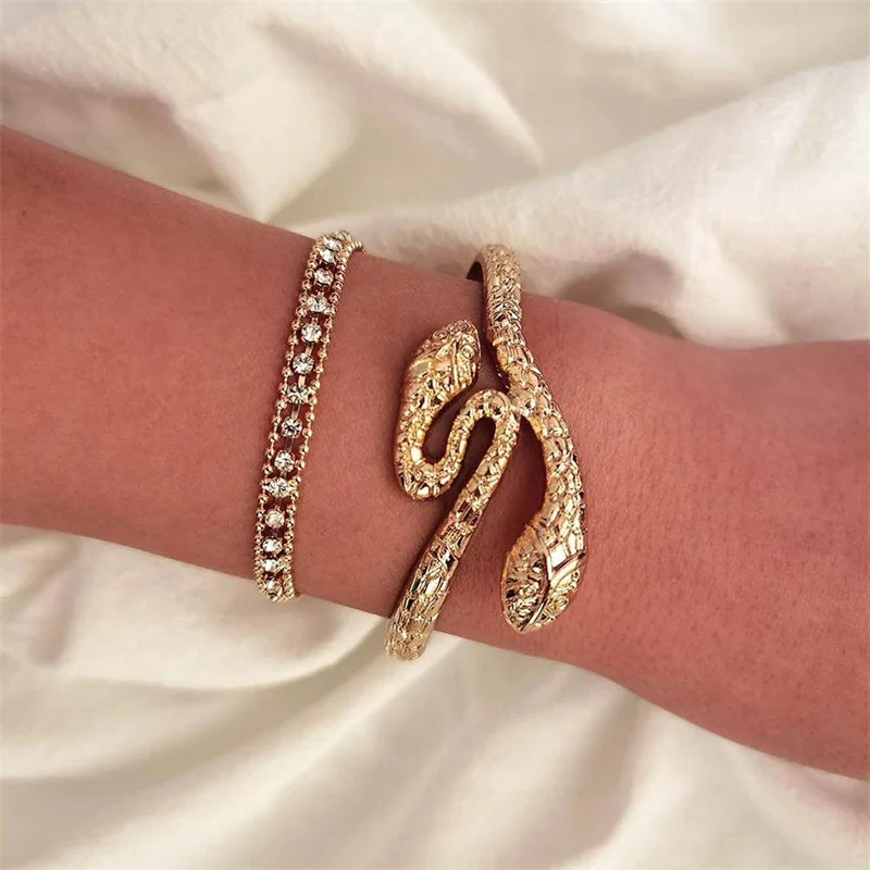 

2 Pcs/Set Beach Fashion Bracelets Set Women Classic Gold Color Snake Crystal Beaded Party Bracelet Bohemian Party Jewelry