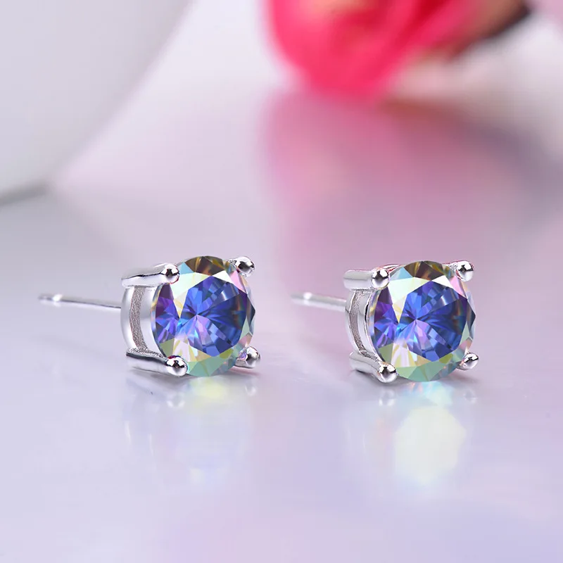 

European Natural Colorful Ziconia Stud Earrings Classic Minimalist Rainbow Color Diamond CZ Earrings, Silver