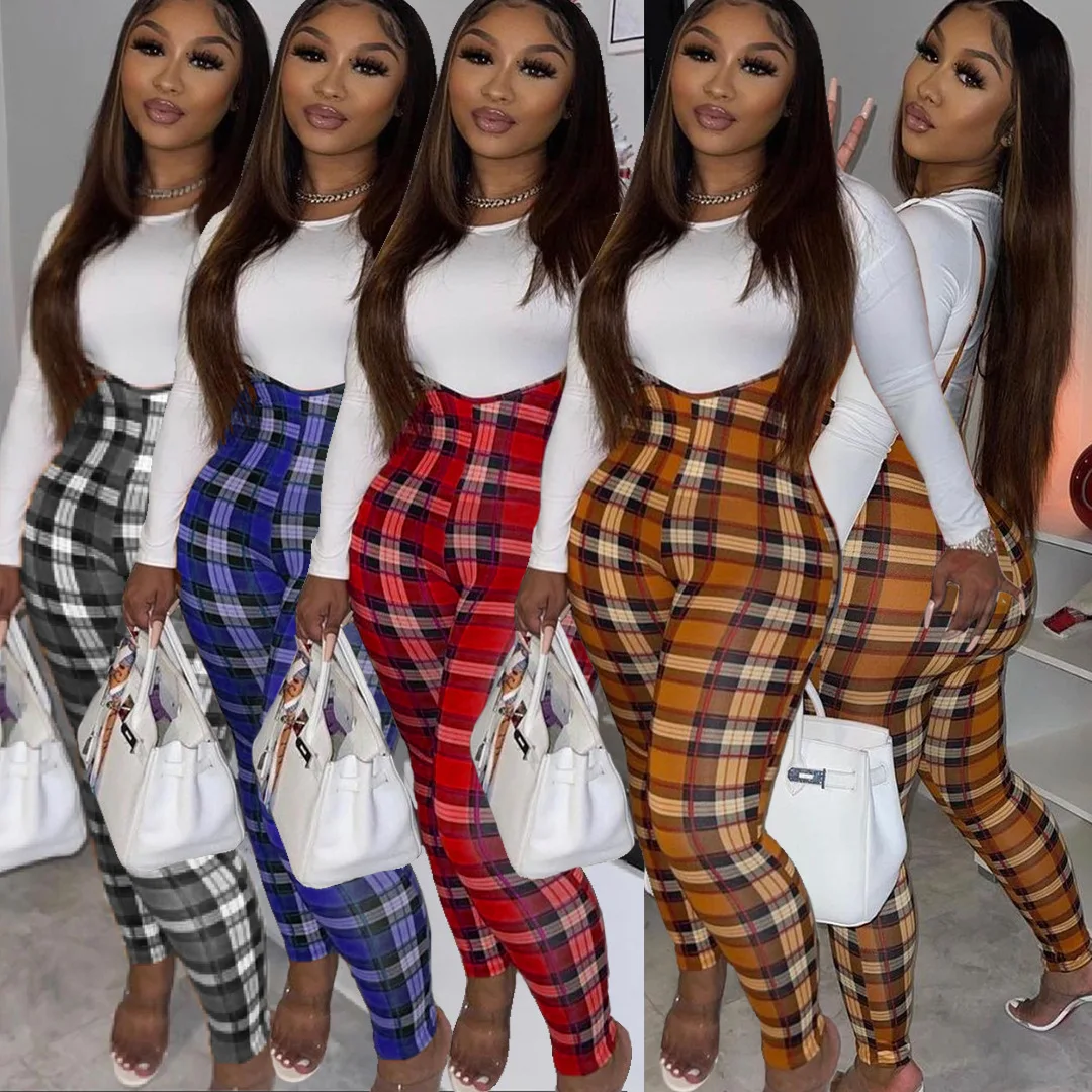 

2020 summer 2 piece longsleeve bodycon jumpsuit set plaid jumpsuits women 2021