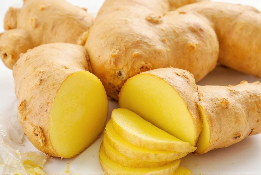 Close-up of fresh ginger root showing fibrous texture and golden interior after being sliced