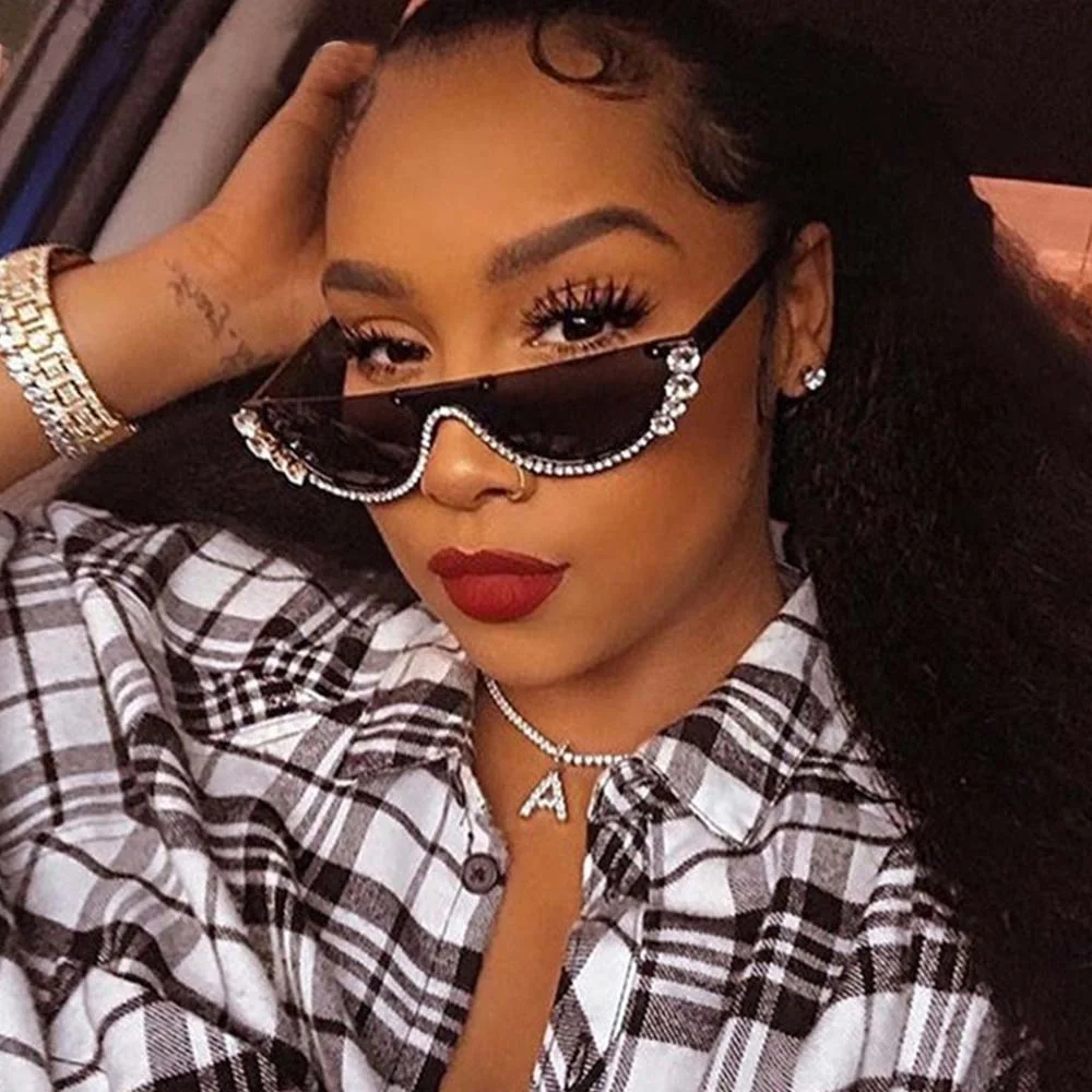 

Cat Eye Frame Luxury Fashion Small Half Frame Moon Rhinestones Sun Glasses Women Diamond Vintage Sunglasses, 11 colors