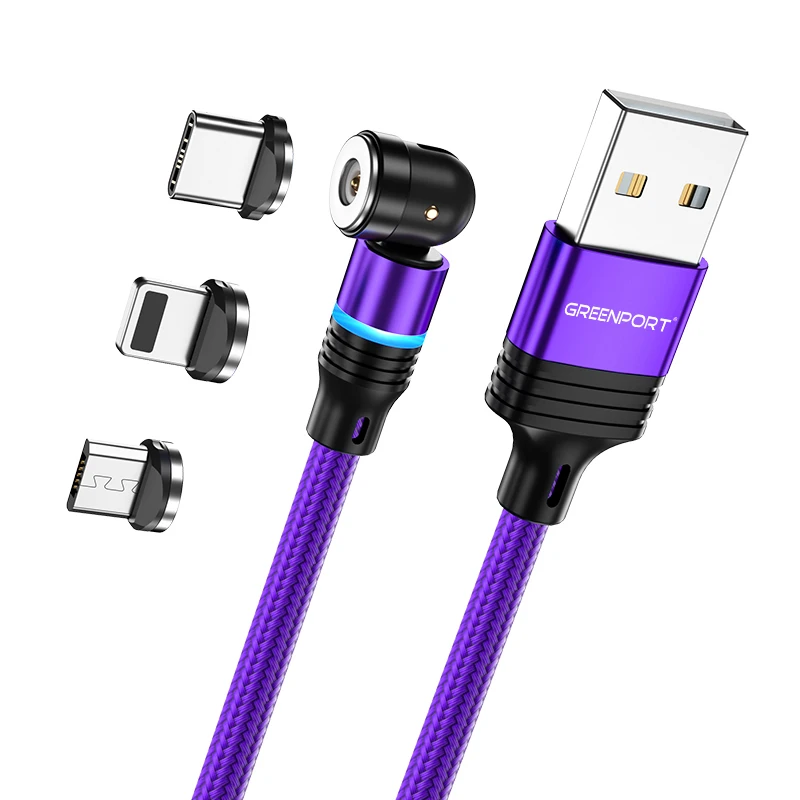 

3 in 1 540 degree Swivel Magnetic Cell Phone Chargers 1M 2M Black Red Purple Green Phone Charging Cable Accessories