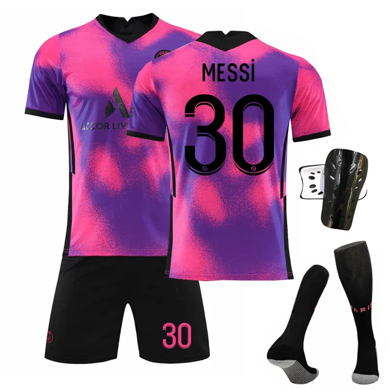 

2021/2022 Custom Paris third away purple #7 Mbapei #30 Messi soccer uniform with Sock+Shin guard Football jersey Men+Kids Sets