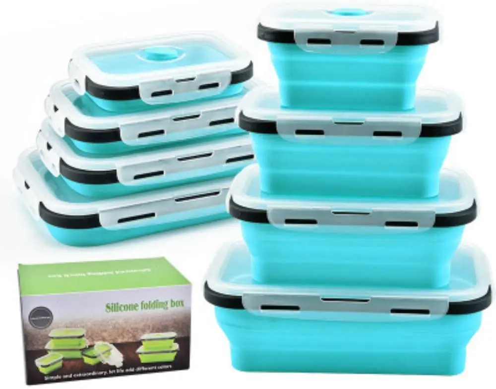 

Microwavable Freezer Safe Airtight Seal 4PC Silicone Collapsible Lunch Box Food Container with Lids, Red, green, blue