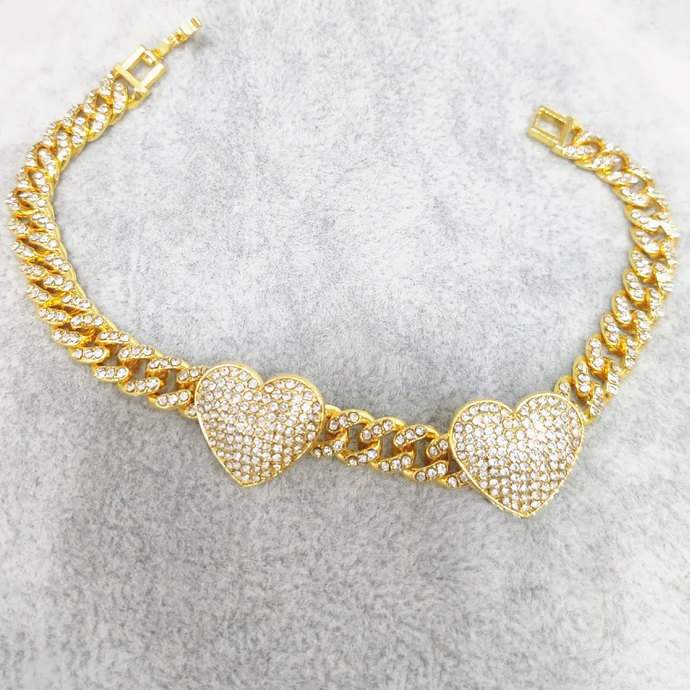 

European Fashion Bling Foot Jewelry 8mm Gold Plated Cuban Chain Iced Love Heart Anklet For Women