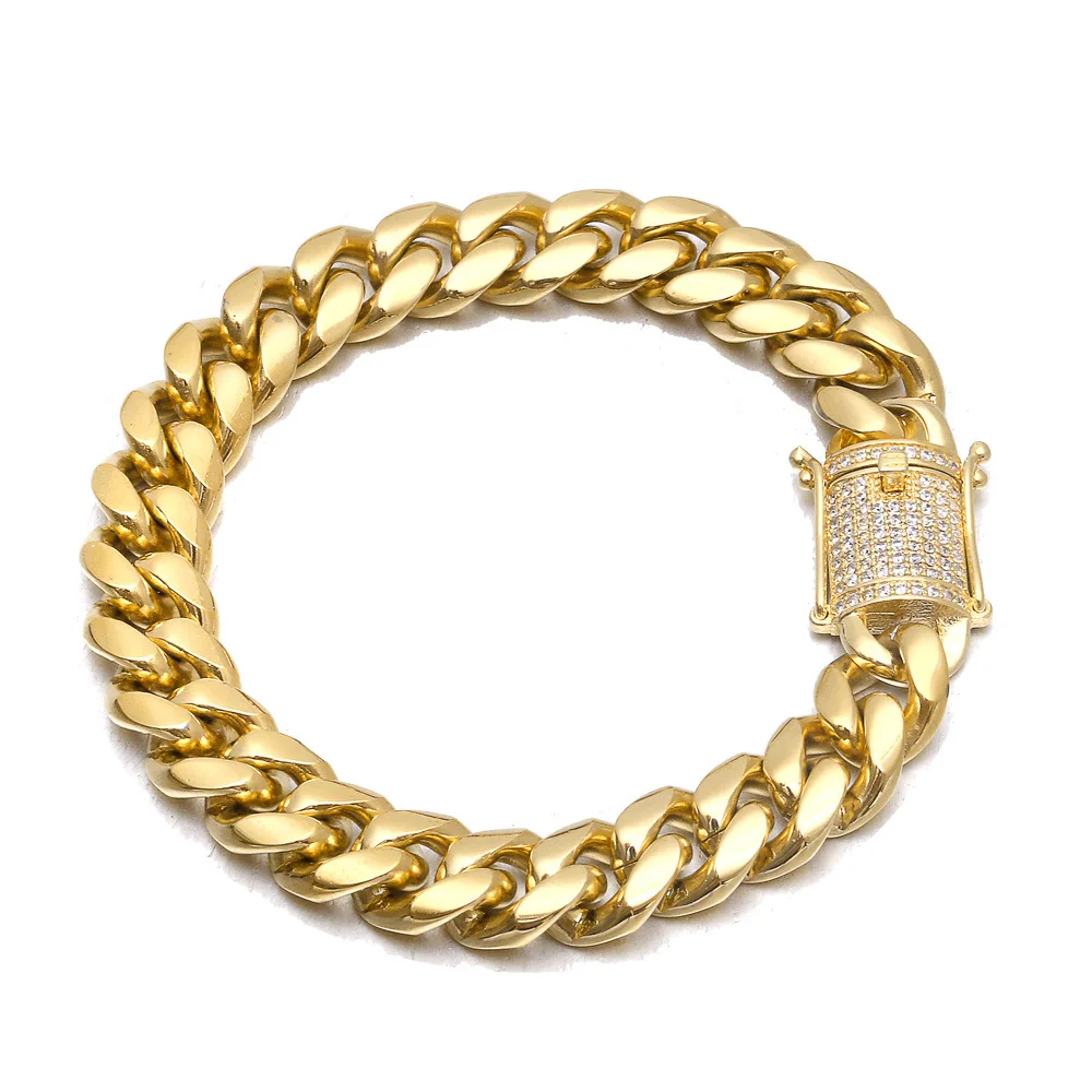 

Hip Hops Miami 18k Gold Plated Stainless Steel Cuban Link Bracelet 12mm Micro Diamond Zircon Cuban Chain Men Bracelet