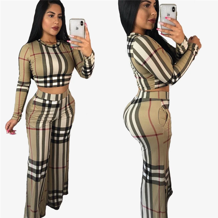 

O5057-hot selling plaid crop top wide leg pants women clothing two piece outfits set