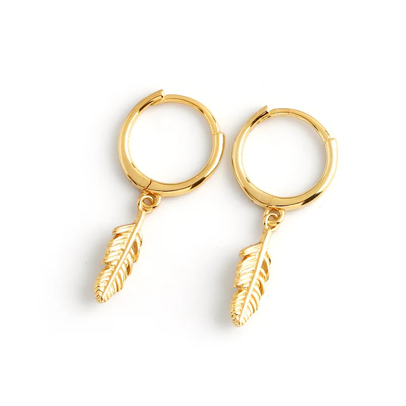 Hot Selling  925 silver zircon dangle charms 18k gold plated feather hoop earrings for girls