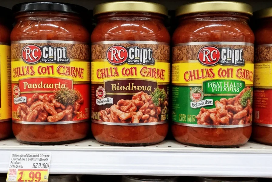 Comparison of RC Provisions Chili Con Carne with other premium chili brands on grocery shelf