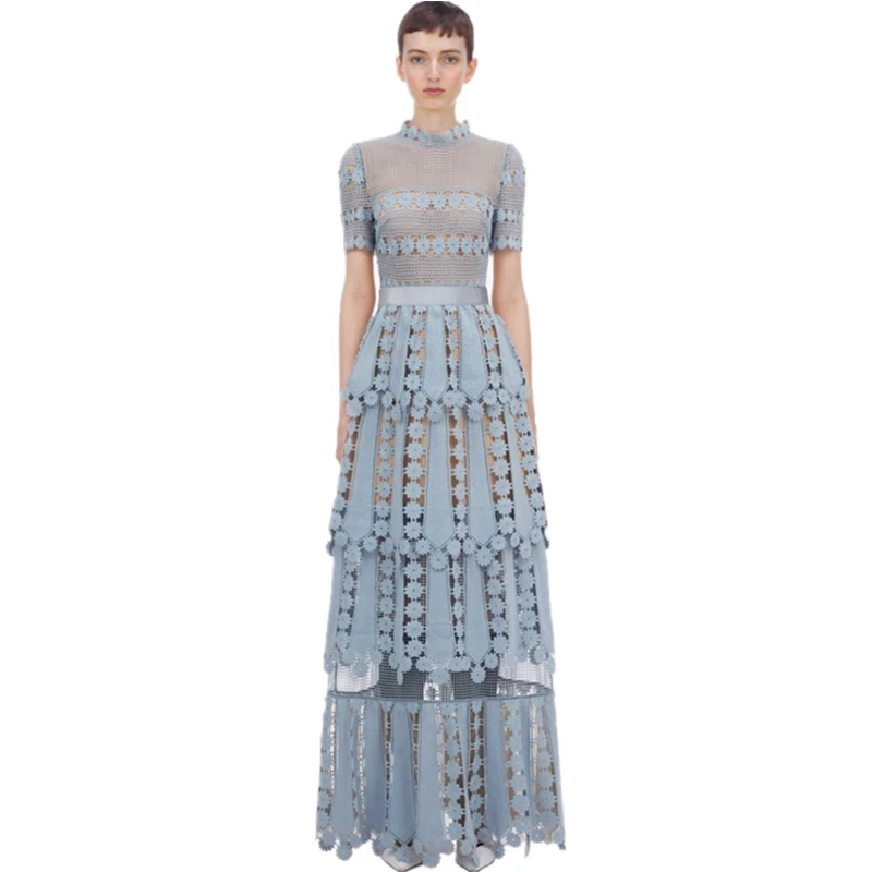 Autumn New Design Ladies Woman Blue Long Party Evening Wedding Bridesmaid Lace Dress