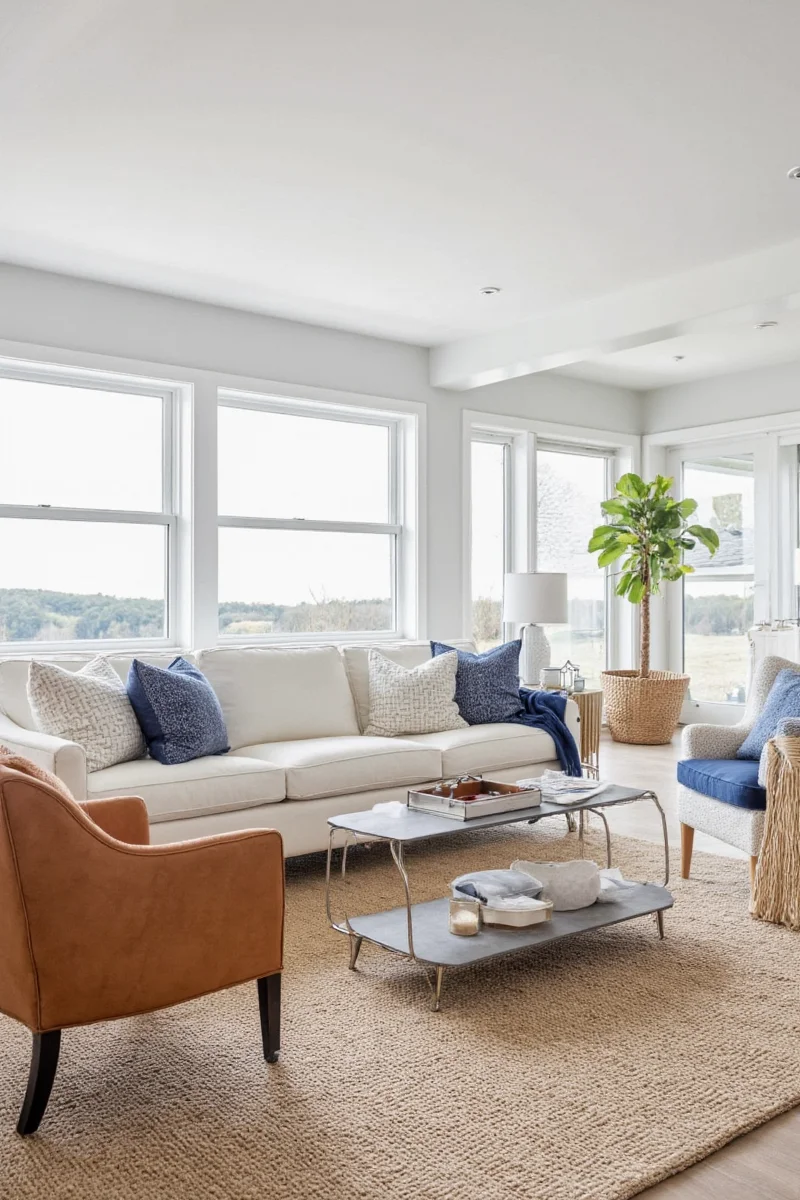 Neutral color palette in a lake house living room