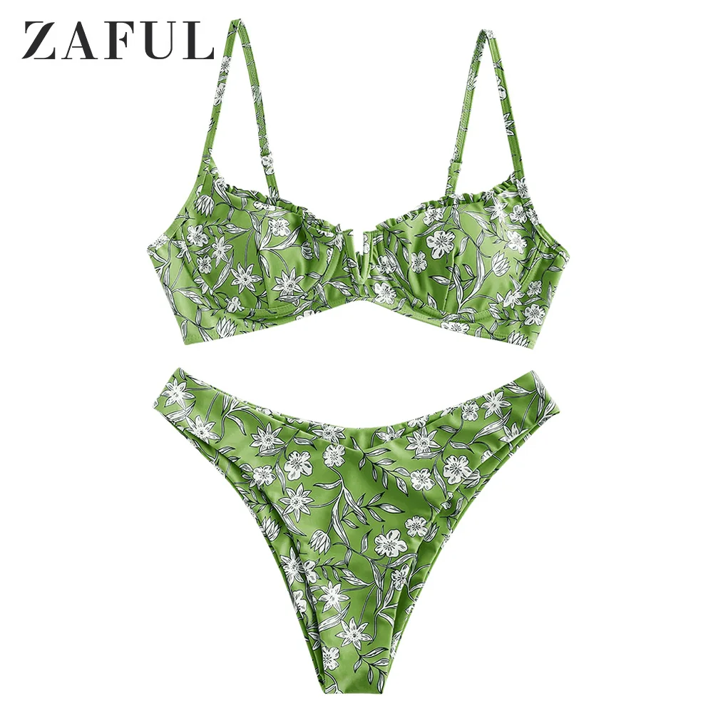 

ZAFUL Floral V-wire Lettuce High Cut Bikini swimwear women sexy, Brown,bee yellow, camouflage green, black