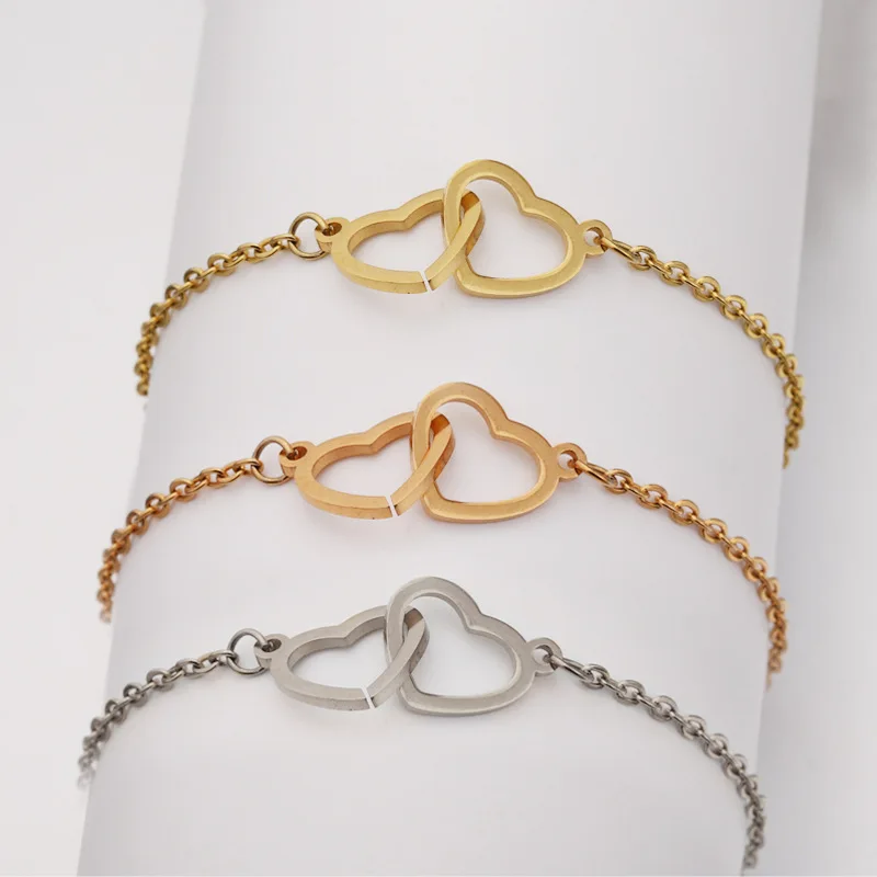 

New Trendy 18K PVD Plated Interlocking Bracelet Stainless Steel Double Love Heart Bracelet For Women Jewelry