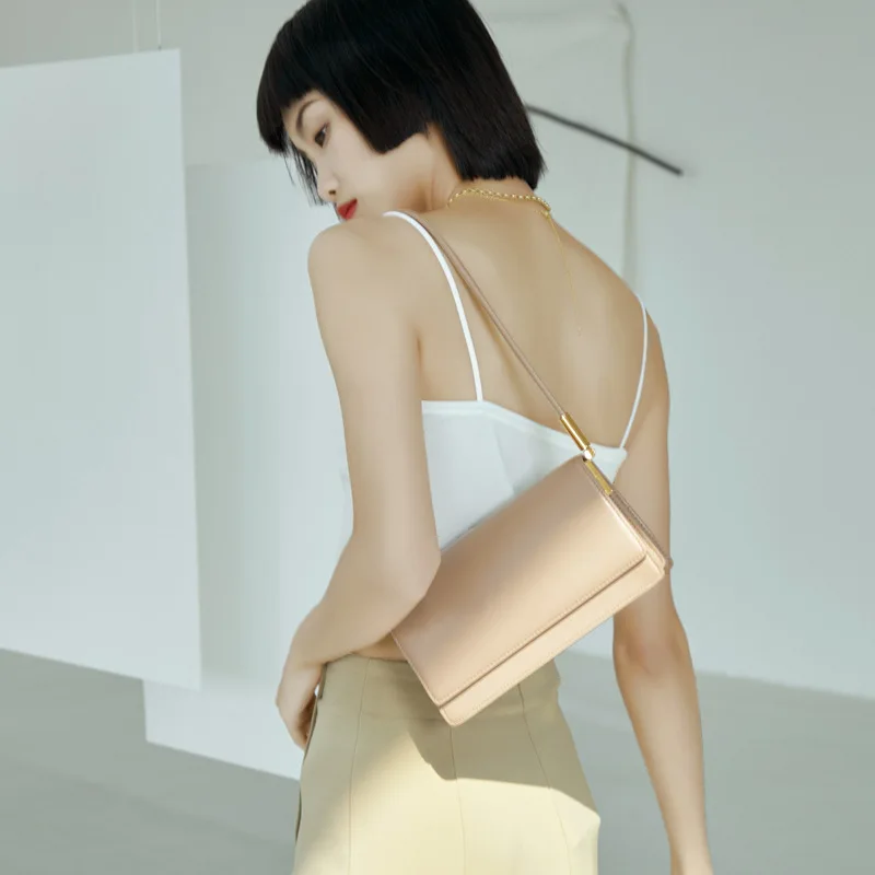 

2021 New Pure Color Genuine Leather shoulder bag woman Horizontal Elegant Underarm Bag
