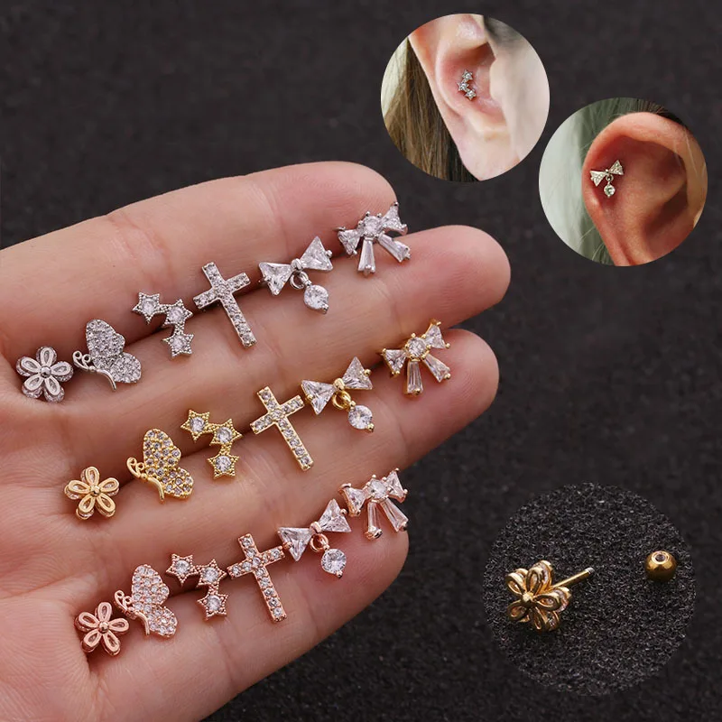 

YW Stainless Steel Ear Piercing Stud Cz Cross Flower Cartilage Helix Conch Lobe Tragus Screw Back Earring