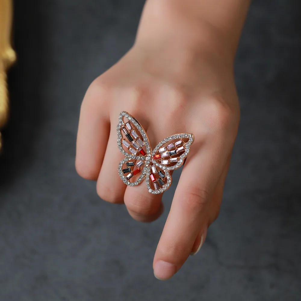 

2020 Bohemian Gold Plated Colorful Rhinestone Butterfly Finger Rings Open  Crystal Butterfly Rings